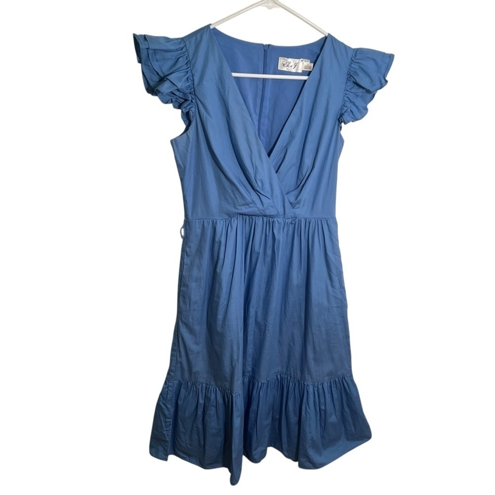 Eliza J Women's Sz 2 Midi Dress Light Blue A-Line Ruffle Flutter Sleeve Surplice